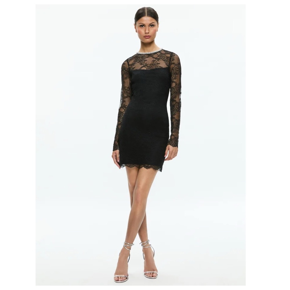 New! ALICE + OLIVIA “Delora” Embellished Neck Black Lace Mini Dress - Picture 2 of 11